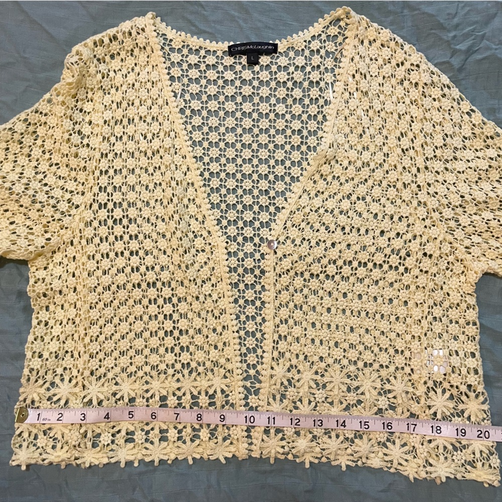 CHRISMcLaughlin Crochet Floral Butter Yellow Cardigan Lace Cropped Boho - Picture 10 of 16